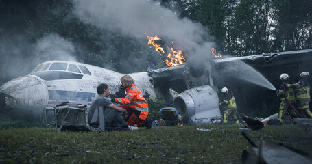 Fototapeta premium Firefighters Climb Through a Shattered Airplane Fuselage as Paramedics Manage Survivor Triage Nearby, With Smoke and Flames Rising From Wooded Crash Wreckage and Scattered Cabin Debris After Impact.
