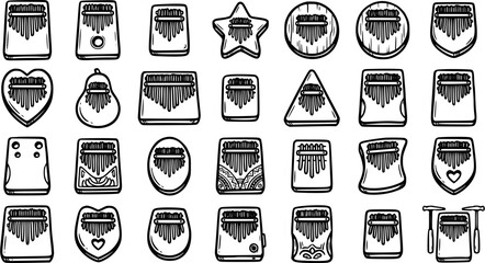 Music Kalimba Thumb Piano Glyphs Vector Collection. Black and White Line Art Outline Illustrations of Traditional Musical Instruments for Hobby and Education. © victoria
