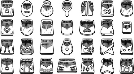 Black and White Line Art Illustration of Kalimba Thumb Piano Musical Instrument Collection © victoria