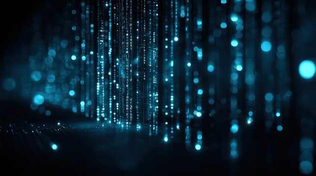 Abstract digital technology concepts, luminous blue binary code flowing in a dark space, matrix-style data rain, holographic interface elements, futuristic cybersecurity visualization.