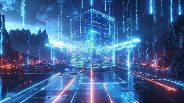 Futuristic digital cube with data streams and a glowing city at night