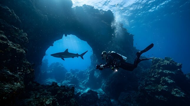 scuba diver entering a gigantic underwater cave illuminated by blue light, shark silhouette crossing cave entrance, adventure exploration concept, dramatic composition, realistic underwater environmen