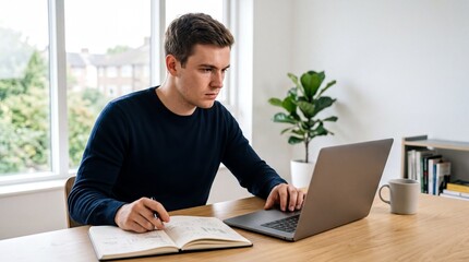 Fototapeta premium financial planning journey, a young man is deeply focused on researching investments in a bright modern room