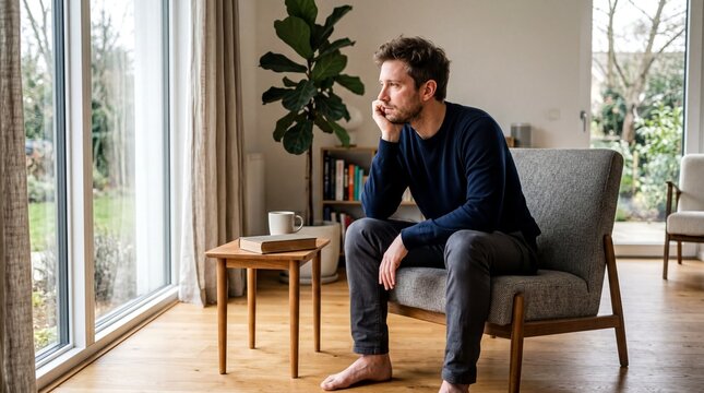 motivation struggles, a contemplative man sits thoughtfully in a bright, modern room, seeking motivation