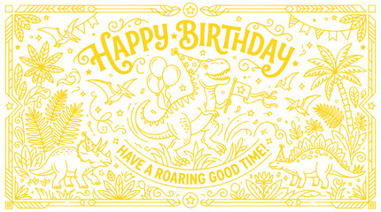 Happy Birthday Dinosaur Cartoon Card with Rex and Stegosaurus, Party Elements © Mangga
