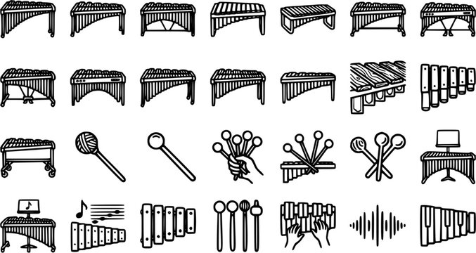 Black and White Line Art Icons of Musical Instruments: Xylophone, Marimba, Vibraphone, Mallets, Music Notes, Sound Wave