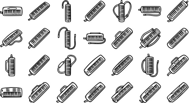 Black and White Line Art Icons of Melodica Musical Instruments, Vector Stock