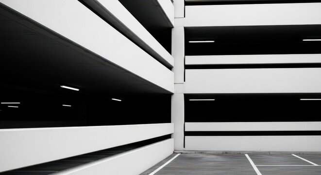 Monochromatic geometric parking structure with repeating patterns and contrasting light and shadow