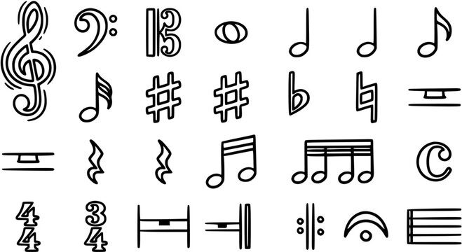 Black and White Line Art Music Notation Symbols: Treble Clef, Bass Clef, Sharps, Flats, Notes, Rests, Time Signatures