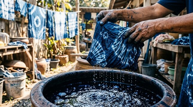 Artisan hands dipping textile into traditional indigo blue dye vat.