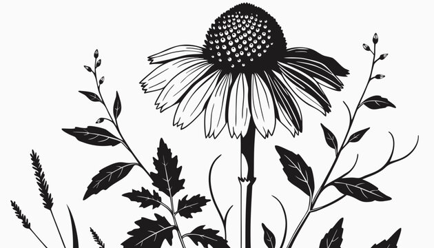 Very beautiful black-and-white engraved vector illustration of an echinacea flower, featuring detailed petals, medicinal foliage, wild meadow elements, and refined botanical engraving, isolated on a c