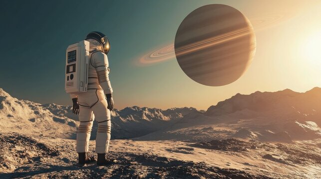 Astronaut standing on alien planet surface looking at massive ringed planet