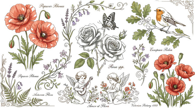 Vintage Victorian botanical illustration set featuring hand drawn red poppies white roses cherub angels and European robin bird