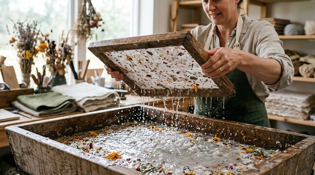 Artisan lifting handmade paper pulp using traditional deckle