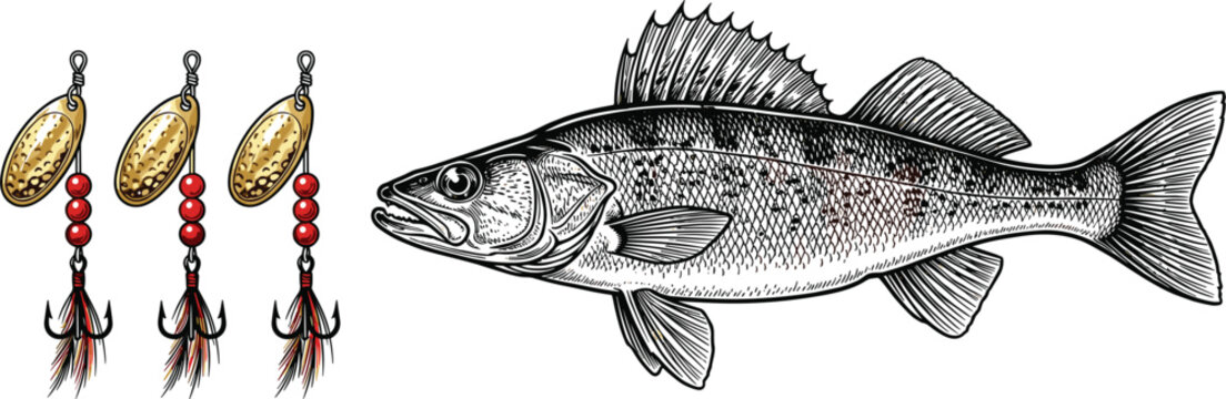 Vintage fishing element set featuring detailed hand drawn walleye fish and golden spinner bait lures vector illustration