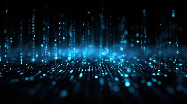 Abstract digital technology concepts, luminous blue binary code flowing in a dark space, matrix-style data rain, holographic interface elements, futuristic cybersecurity visualization.