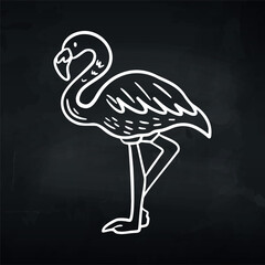 Obraz premium Illustration of a flamingo standing on one leg with a simple line design on a black background, showcasing its distinctive features and posture