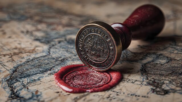 Wax seal stamp on old parchment with a dark red hue
