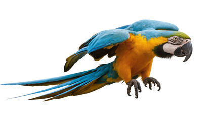 Blue and yellow macaw parrot flying with wings spread © Maria