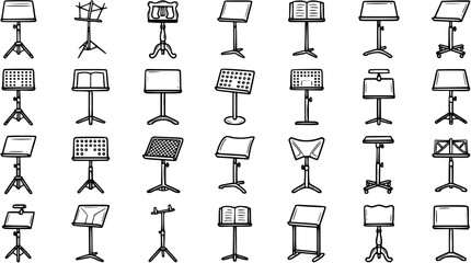 Black and White Line Art Collection of Music Stands, Sheet Music Holders, and Orchestra Stands © victoria