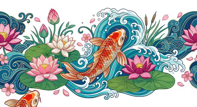 Two orange and white koi fish.