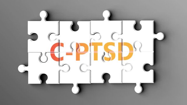 C-Ptsd being a complex topic - puzzle pieces with word c-ptsd coming together to make a whole. C-Ptsd made of many fitting parts, a compound subject.