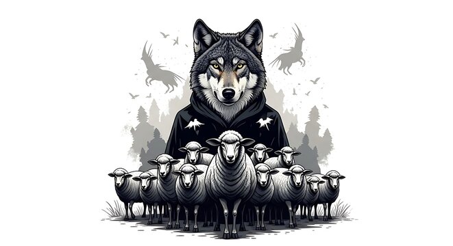 Wolf in sheeps clothing illustration conceptual depiction of deception
