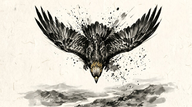 Ink wash painting of a majestic eagle soaring over mountains