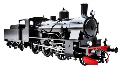 Black steam locomotive with red buffer beam and large wheels © Maria
