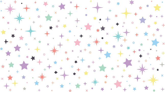 Colorful pastel starry night sky pattern set featuring hand drawn magical sparkles and stars vector illustration isolated on white background