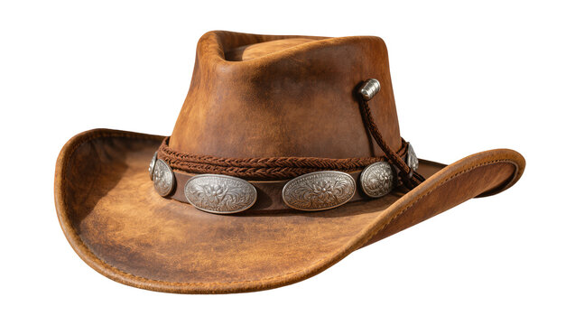 Brown leather cowboy hat with decorative silver conchos and braided band