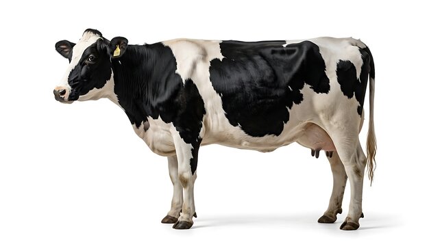 A black and white cow stands isolated on a white background