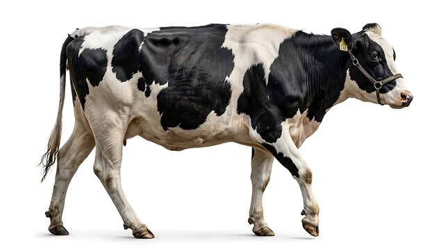 A cow walks isolated on a white background