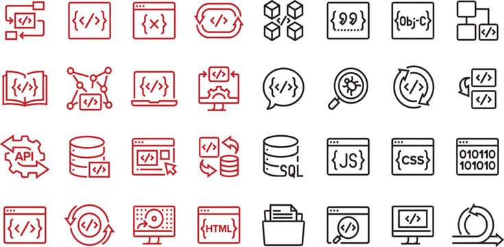 Web Development and Programming Technology Vector Icon Set Editable Stroke Transparent Background