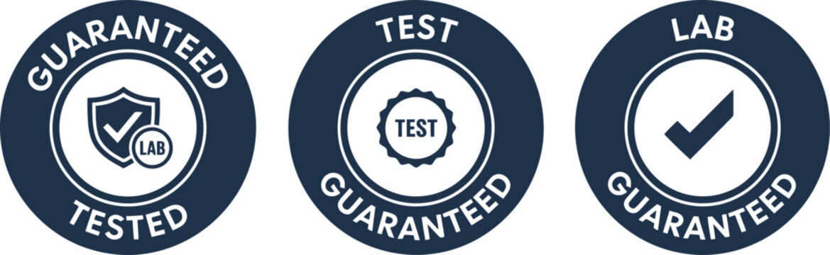 Set of Blue Guaranteed Tested and Lab Certified Badges on White Background
