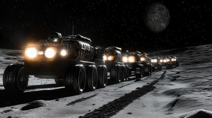 Obraz premium Convoy of Lunar Rovers on Moon Surface at Night