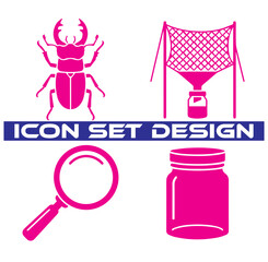 Set of four pink featuring a stag beetle, insect collection net, magnifying glass, and a glass jar on a plain white background © Forida