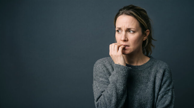 Nervous young woman looking away anxiously and biting her nails, suffering from stress or mental anxiety against a dark grey background.