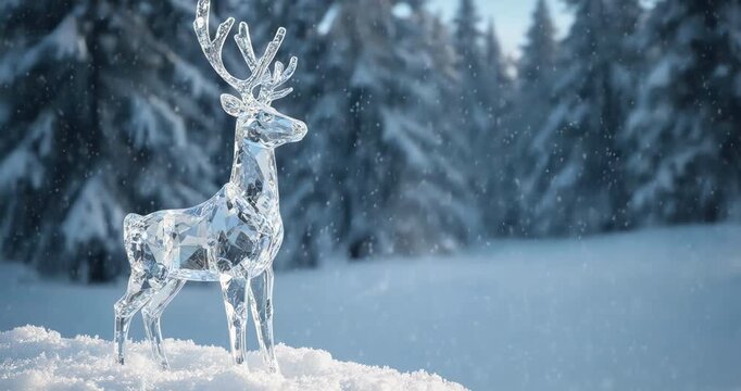 Ethereal Glowing Crystal Reindeer Figurine on Snowy Forest Background