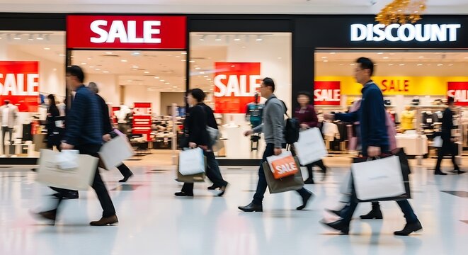 Shoppers rush through a mall during a retail sale with discount signs and shopping bags.