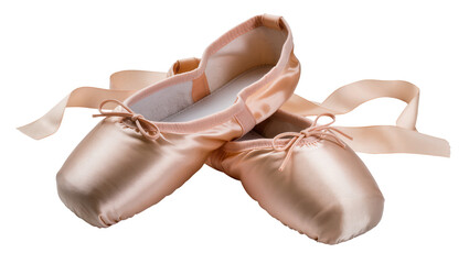 Pair of pink satin ballet pointe shoes with ribbons © Maria
