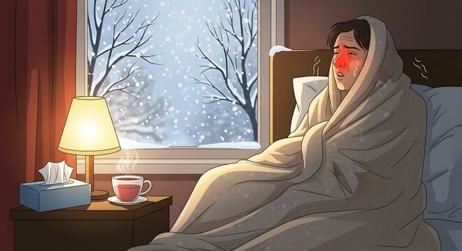 Sick Person in Bed with Flu with Cozy Winter Scene, Feeling Miserable, and Ill.
