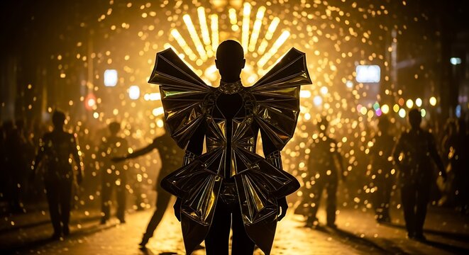 Silhouette in Gold Gown with Fireworks  Street Parade Celebrating, and Festival Atmosphere.