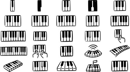 Music Education Industry Black and White Line Art Piano Keyboard Icons Set. Hand-drawn Doodle Collection of Musical Instrument Symbols. © victoria