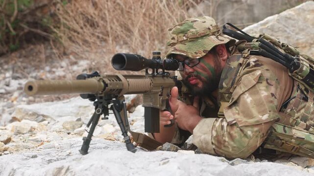 Soldier Aiming Rifle in Forest