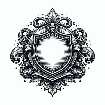 Ornate vintage coat of arms crest with decorative flourishes.