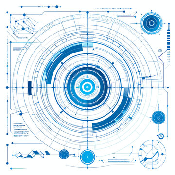Technical circular HUD blueprint with concentric rings and data.