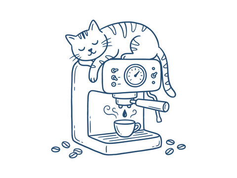 Cute cat sleeping on top of an espresso coffee machine, line art illustration