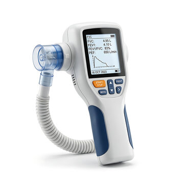 Modern digital spirometer device for respiratory function testing with data display and mouthpiece attachment transparent background