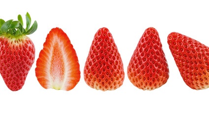 Fresh red strawberries whole and halved, with green leaves © Maria